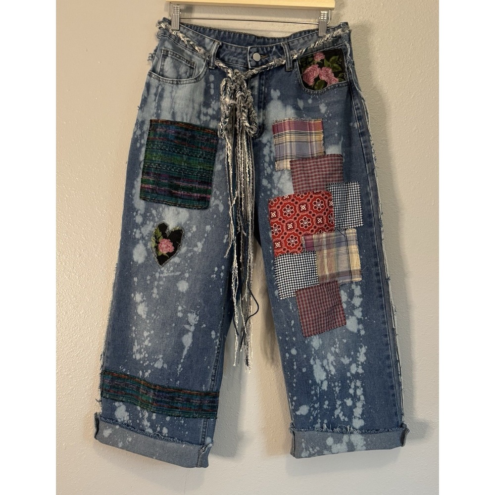 OOAK Upcycled Patchwork Bleach Splatter Jeans Boho Hippie Festival Grunge 30